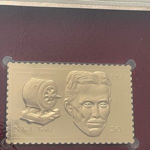 22K gold collectors stamp set 84’ Olympics, Nikola Tesla, streetcars, Alaska